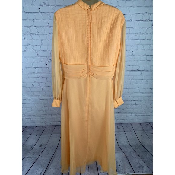 VTG Lee Jordan Orange Long High Neck Back Zip Lined Sheer Sleeve Dress M - Picture 4 of 12